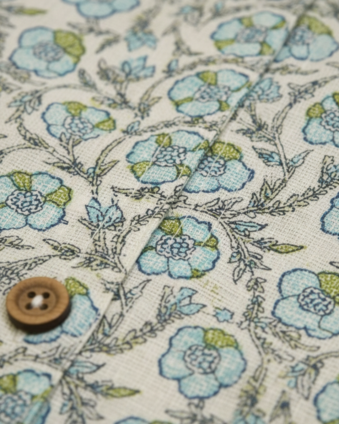 Floral fabric pattern with a button on a white background