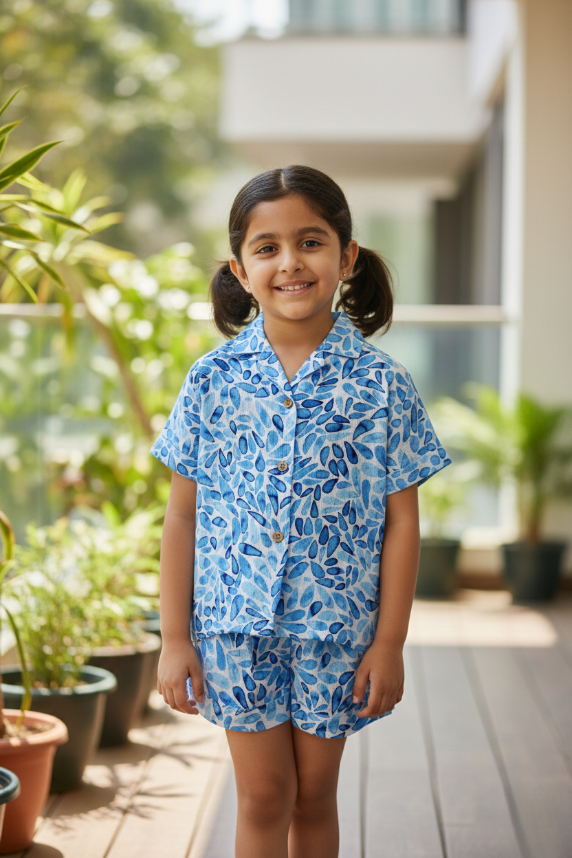 Honey Hugs Girls Blue Printed Rayon Nightwear Co-Ord Set (Ages 3–9 Years)
