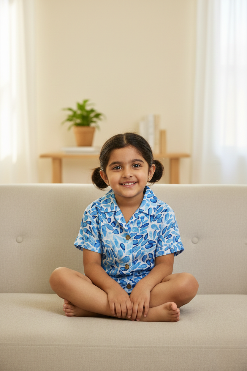 Honey Hugs Girls Blue Printed Rayon Nightwear Co-Ord Set (Ages 3–9 Years)