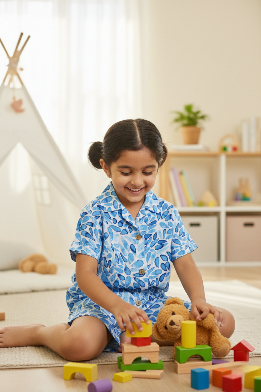 Honey Hugs Girls Blue Printed Rayon Nightwear Co-Ord Set (Ages 3–9 Years)