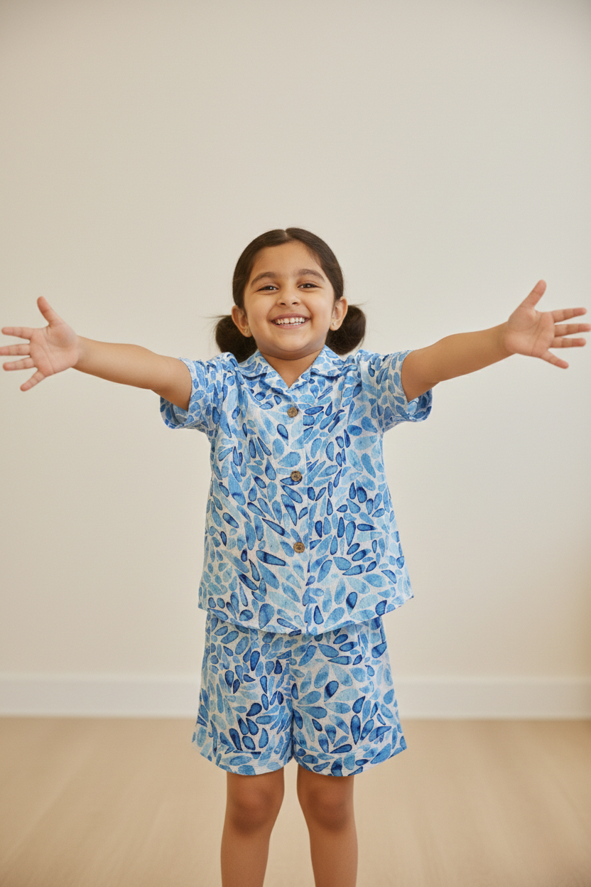 Honey Hugs Girls Blue Printed Rayon Nightwear Co-Ord Set (Ages 3–9 Years)