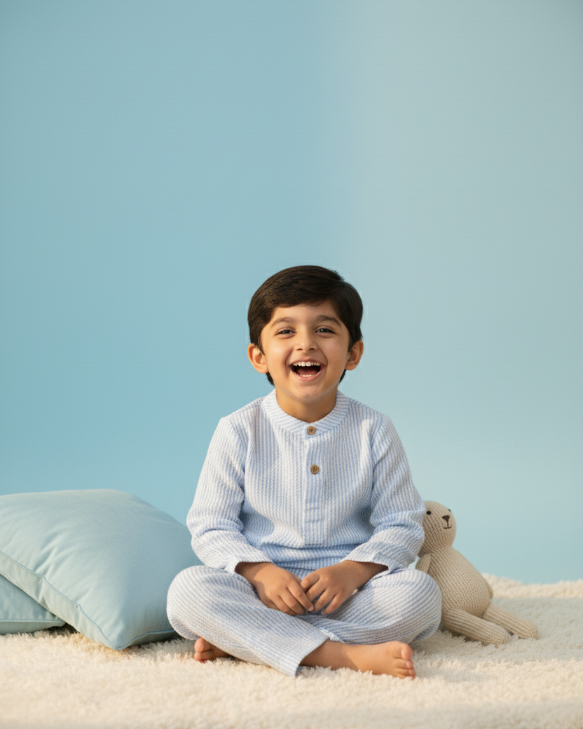 Child wearing a light blue pajama set sitting on a white rug with a light blue background
