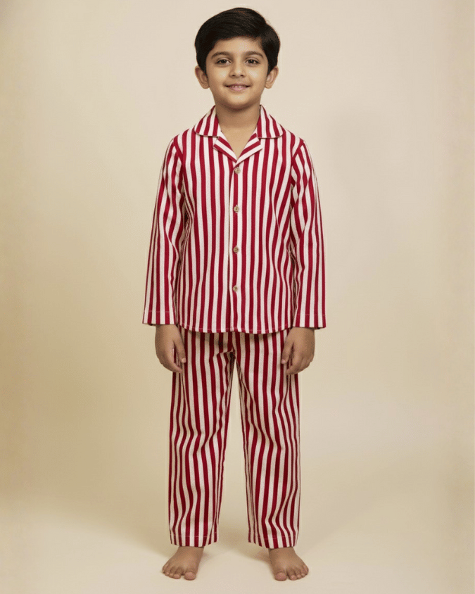 Child wearing red and white striped pajama set on a beige background