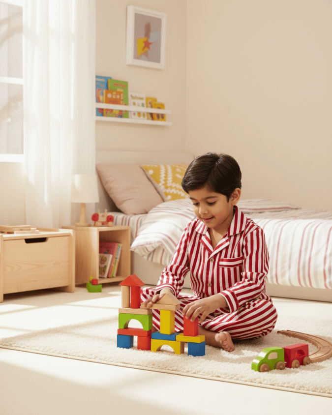 Child playing with colorful building blocks on a rug in a bedroom.