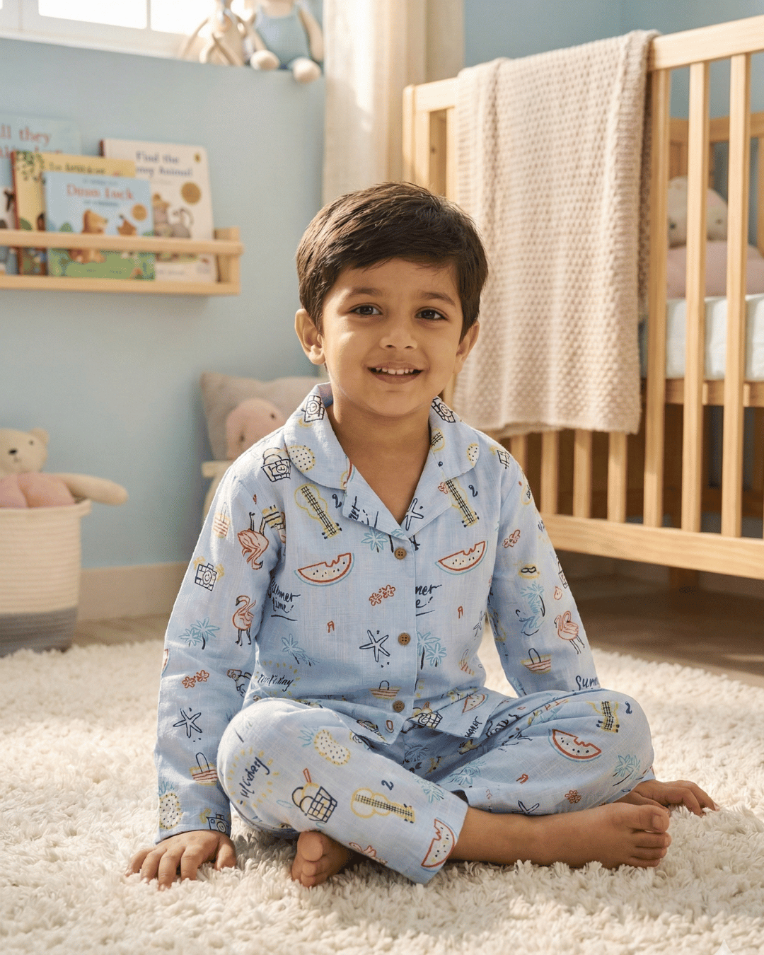 Happy young boy wearing light blue printed pajamas, sitting on a soft carpet in a cozy kids’ bedroom.