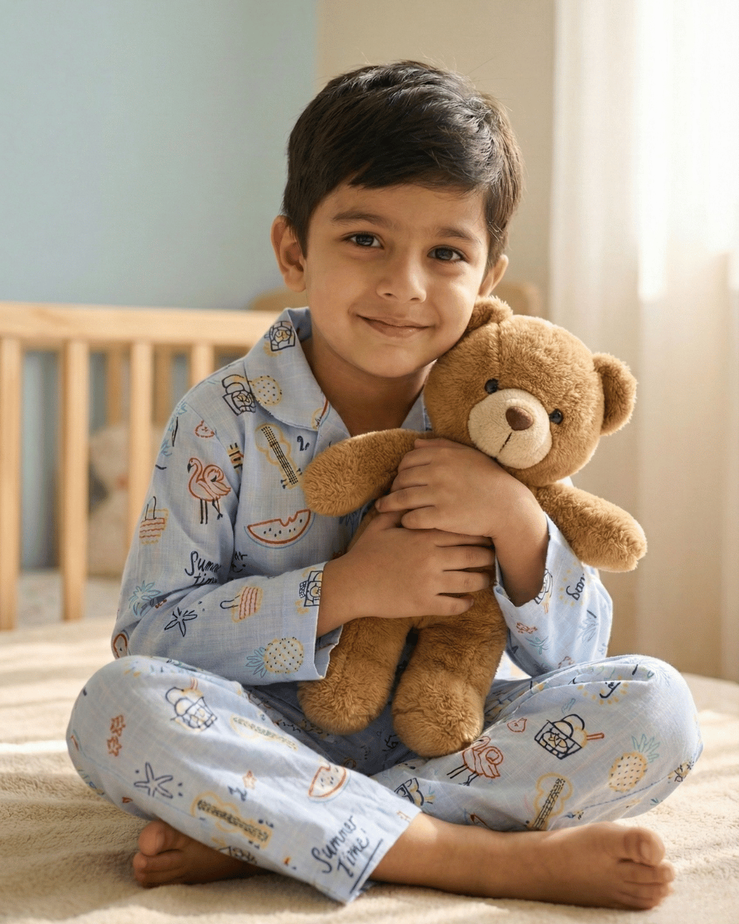 Cute young boy in light blue printed pajamas sitting on a bed and hugging a soft teddy bear in a cozy bedroom.
