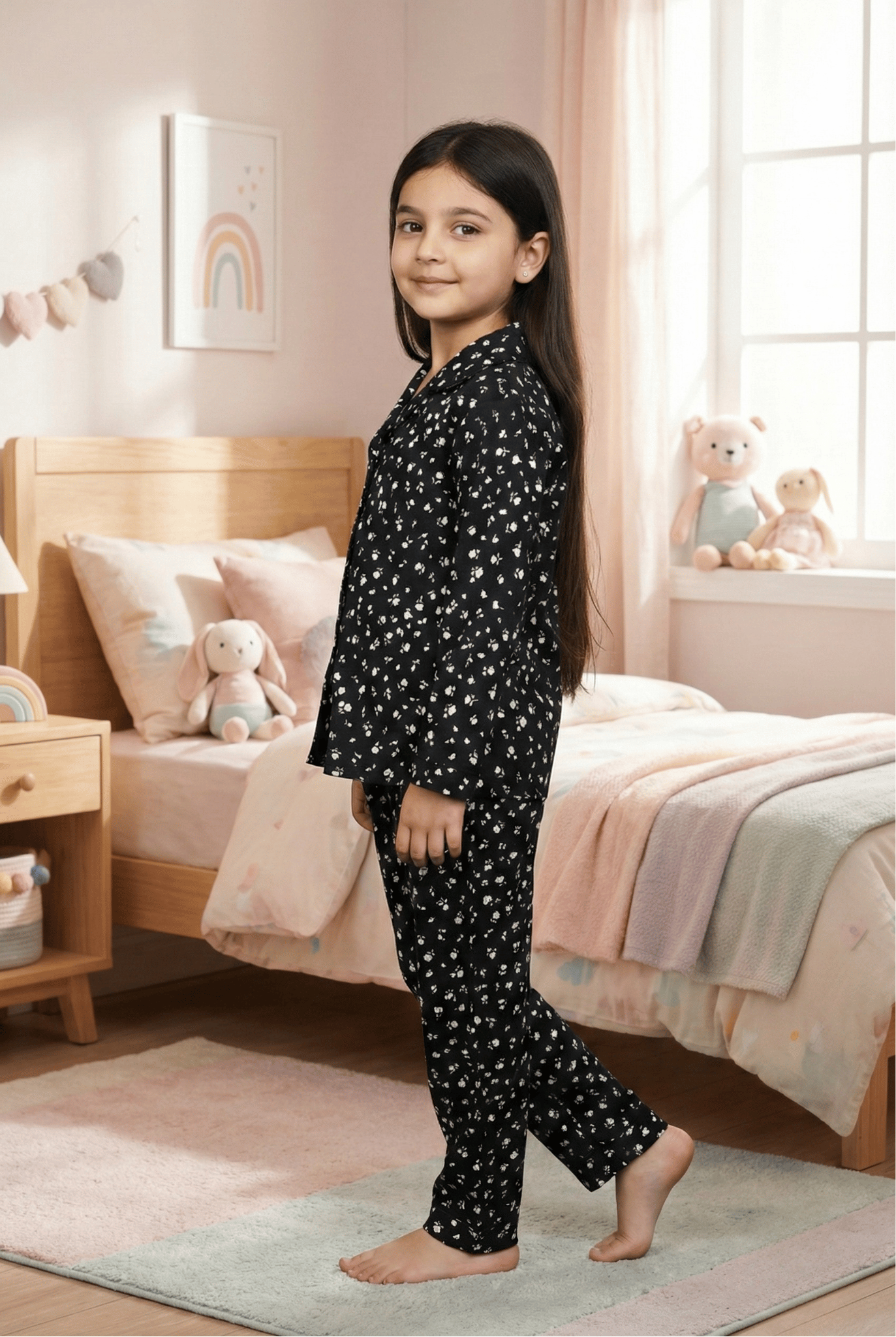 Young girl in black pajamas with white patterns standing in a bedroom.