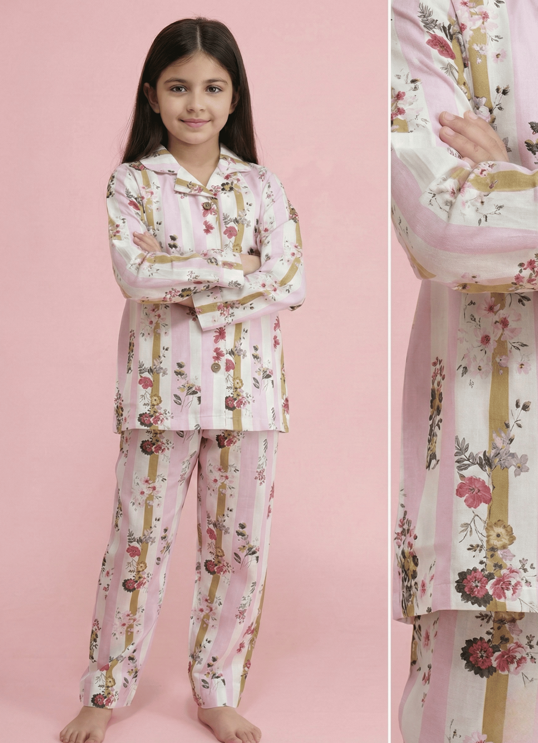 Young girl wearing a floral pajama set on a pink background