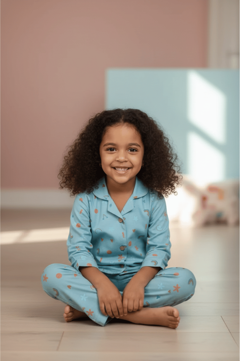 Green Rayon Nightwear Set with Rainbow & Smiley Prints