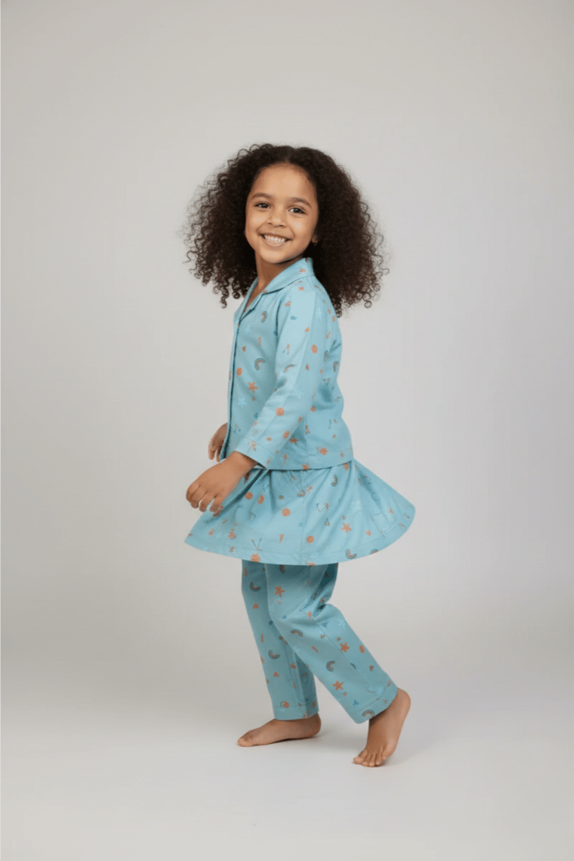 Green Rayon Nightwear Set with Rainbow & Smiley Prints