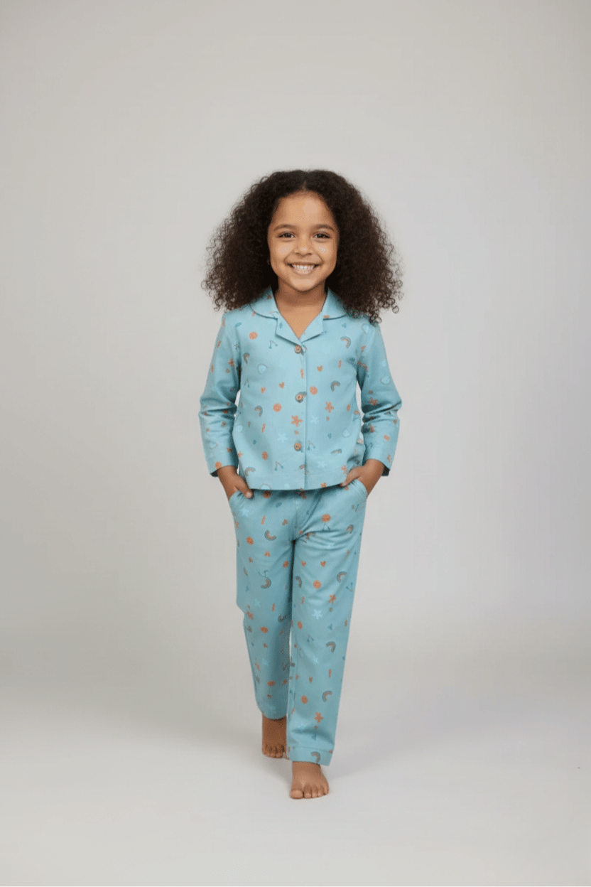 Green Rayon Nightwear Set with Rainbow & Smiley Prints