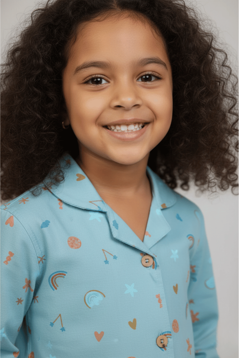 Green Rayon Nightwear Set with Rainbow & Smiley Prints