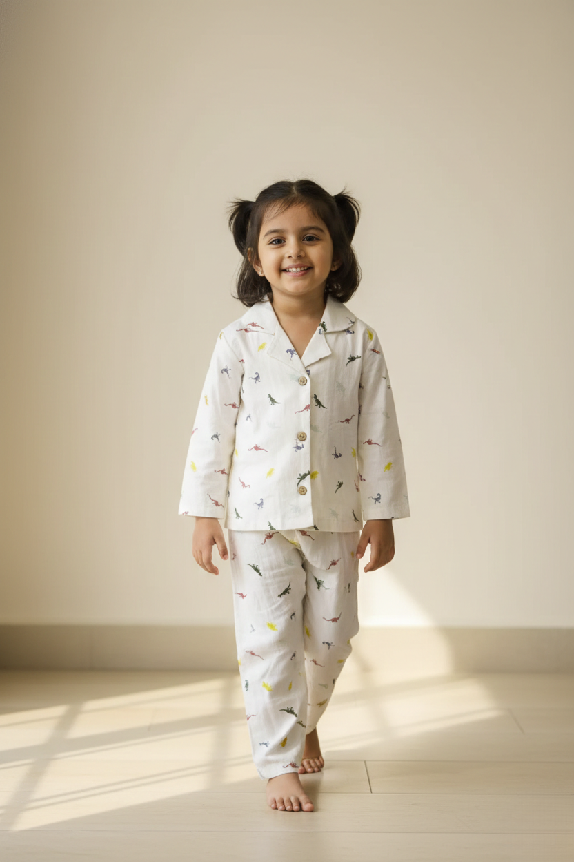 honey hugs kids cream dino print linen co ord set worn by girl indoors