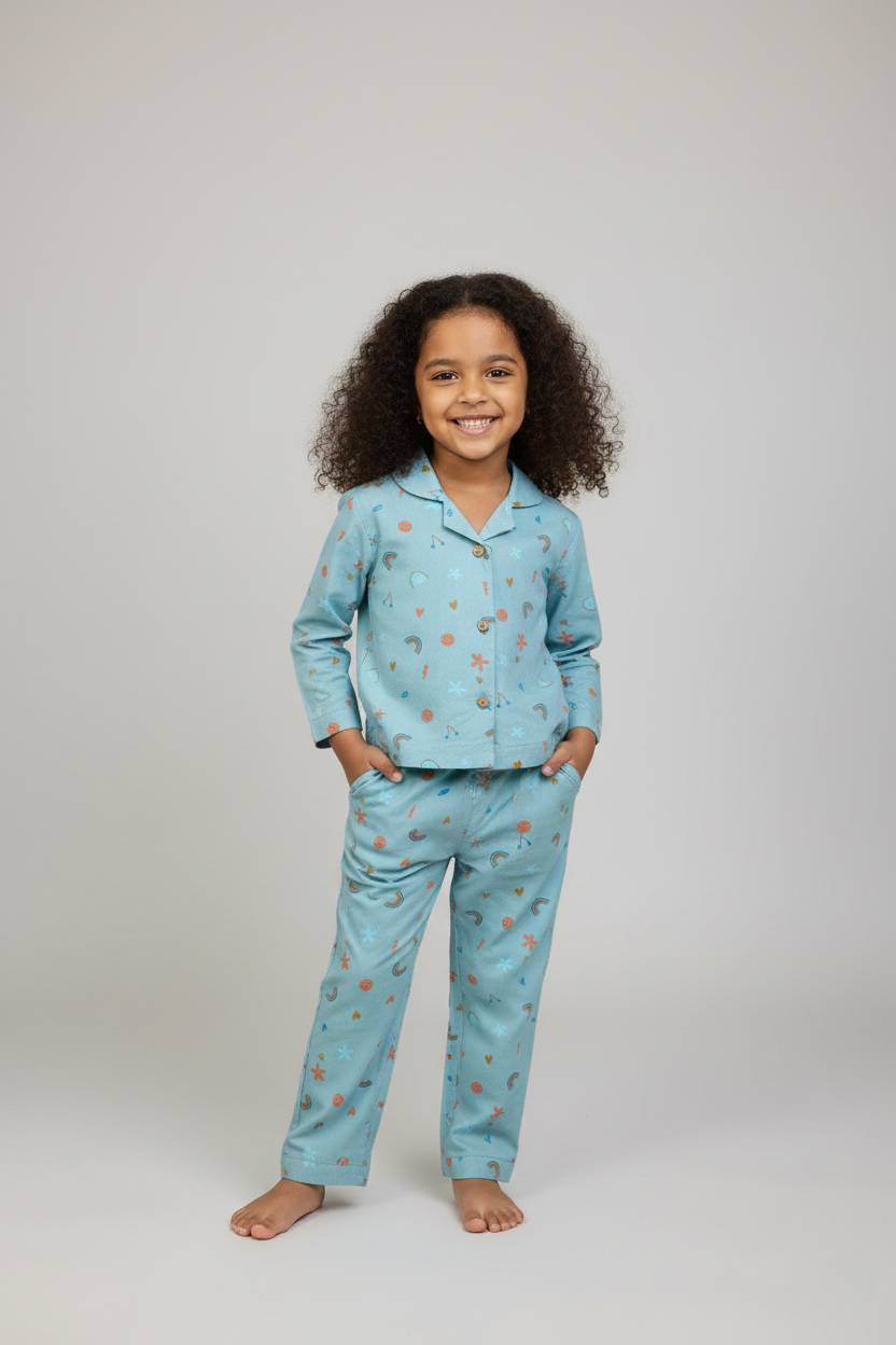 Honey Hugs Kids Green Rayon Nightwear Set with Rainbow & Smiley Prints