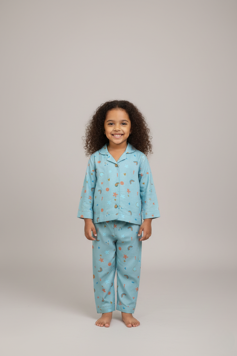 Honey Hugs Kids Green Rayon Nightwear Set with Rainbow & Smiley Prints