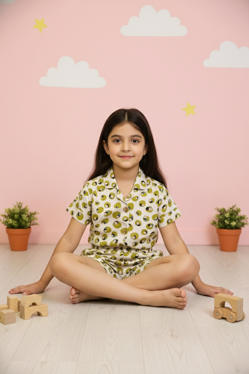 HoneyHugsKid Soft Rayon Cord Set for Kids – Cream & Green Print