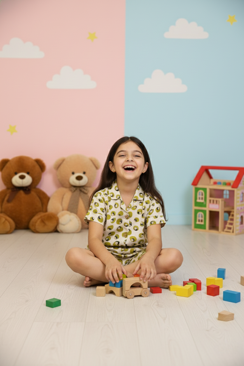 HoneyHugsKid Soft Rayon Cord Set for Kids – Cream & Green Print