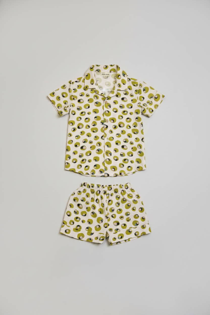 HoneyHugsKid Soft Rayon Cord Set for Kids – Cream & Green Print