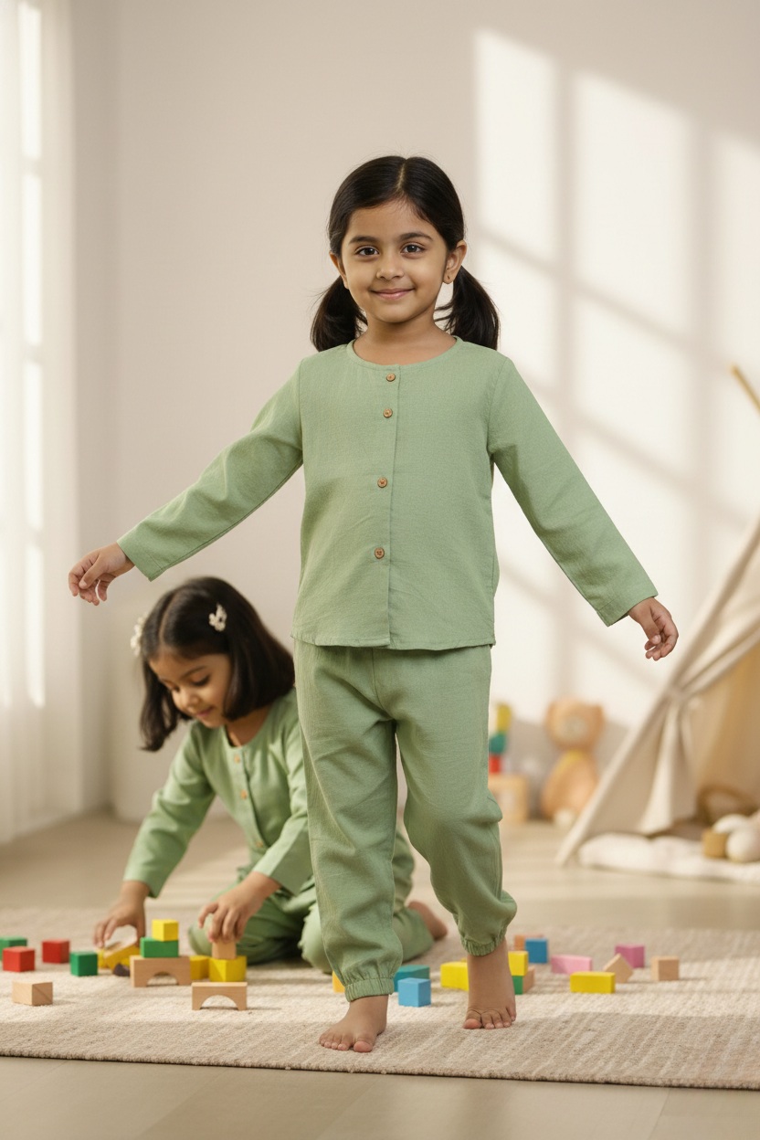 Honey Hugs Kids Plain Green Linen Co-Ord Set – Soft, Breathable & Lightweight