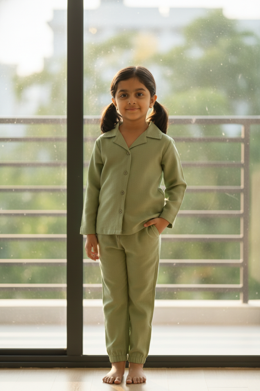Honey Hugs Kids Plain Green Linen Co-Ord Set – Soft, Breathable & Lightweight
