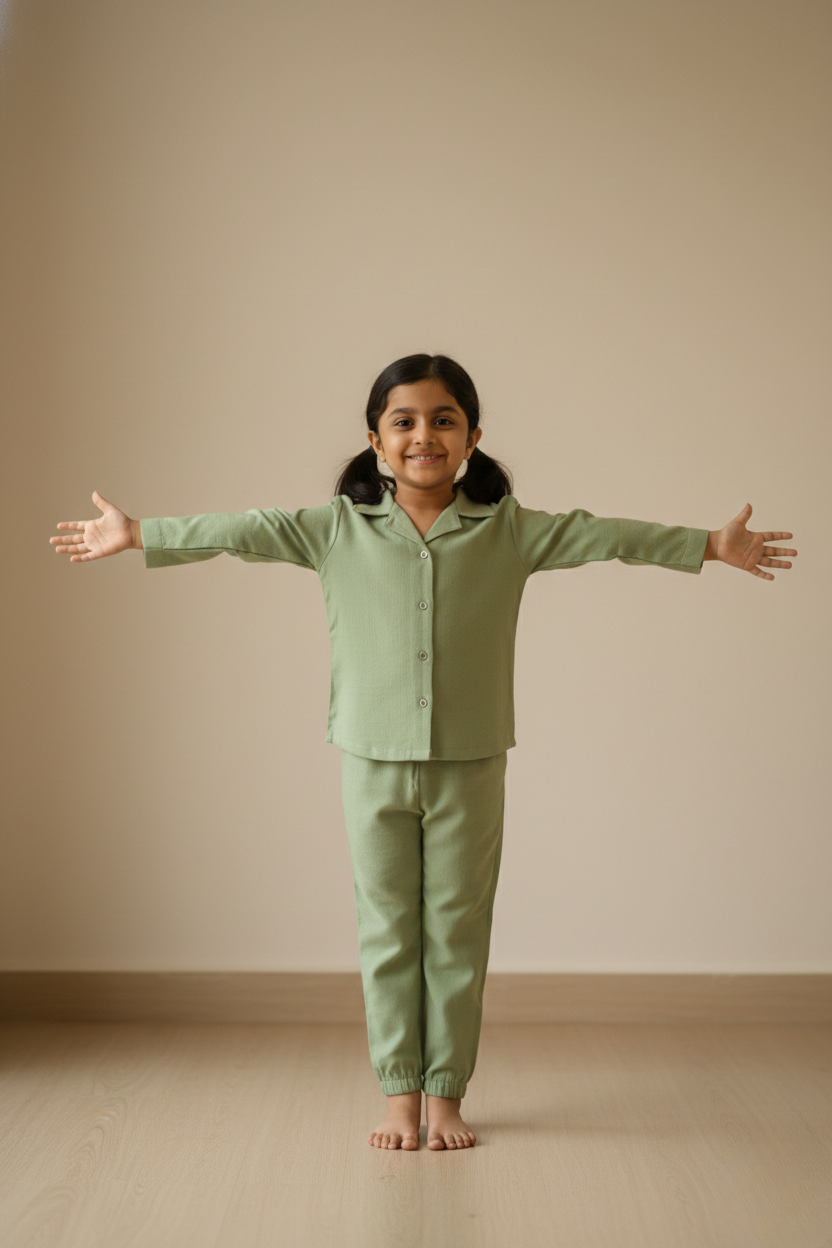 Honey Hugs Kids Plain Green Linen Co-Ord Set – Soft, Breathable & Lightweight