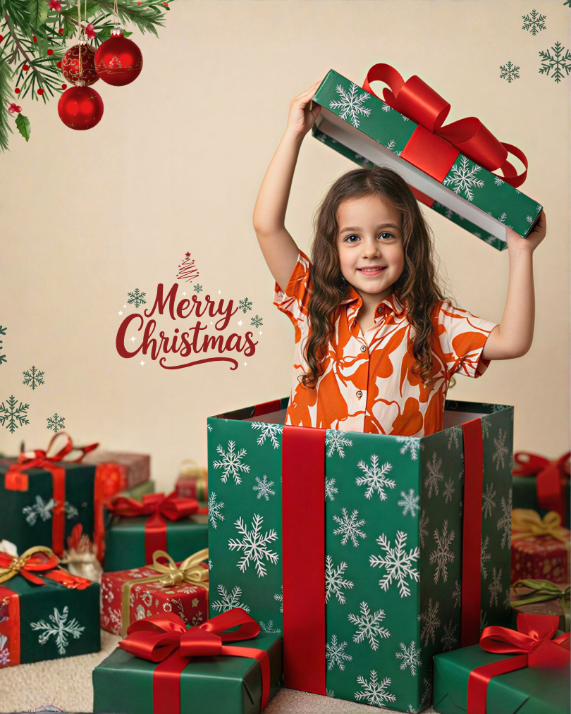 Child playing with Christmas presents against a festive background with 'Merry Christmas' text.