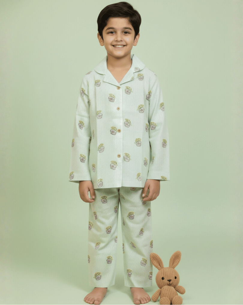 Child wearing a light green pajama set with a bunny design, standing against a light green background.