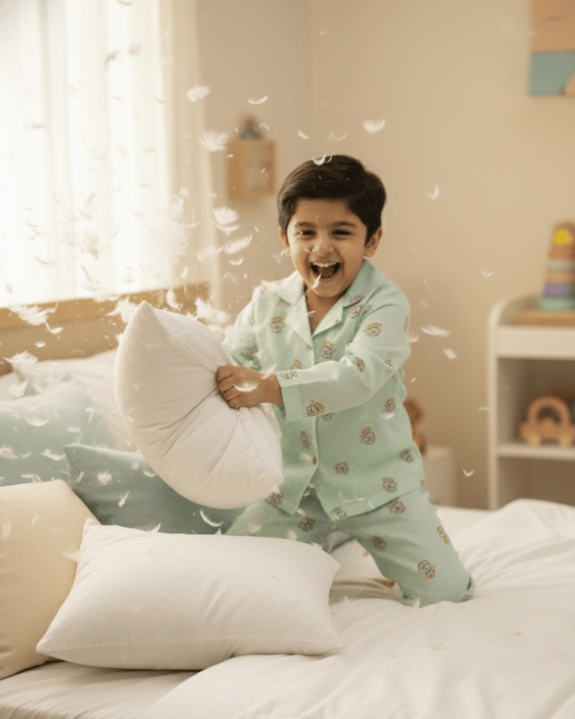 Child in pajamas playing with pillows on a bed in a bright room