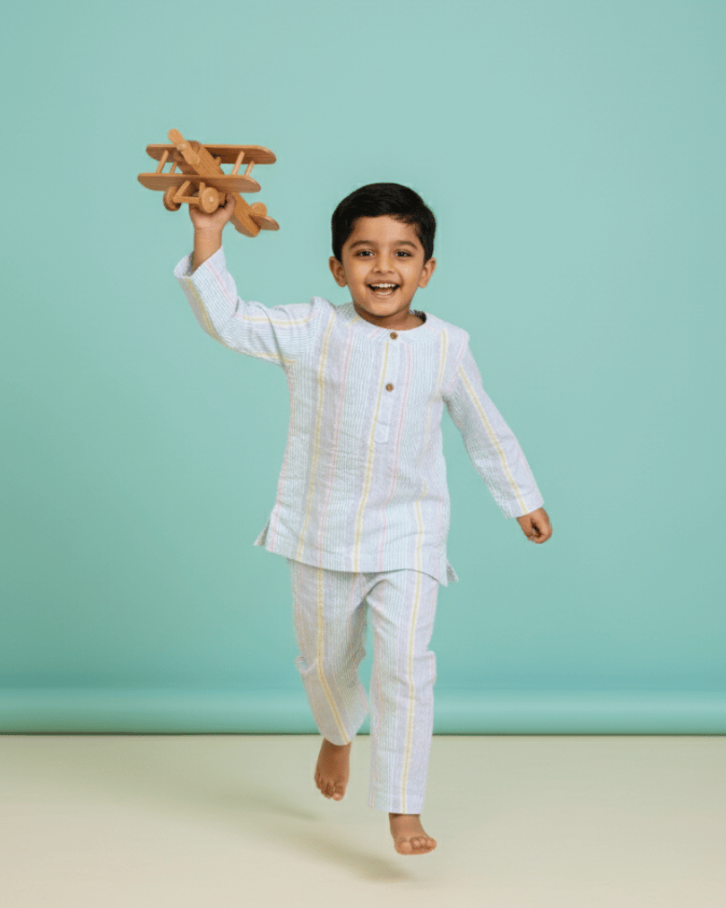Child in traditional outfit holding wooden toy airplane against a light blue background