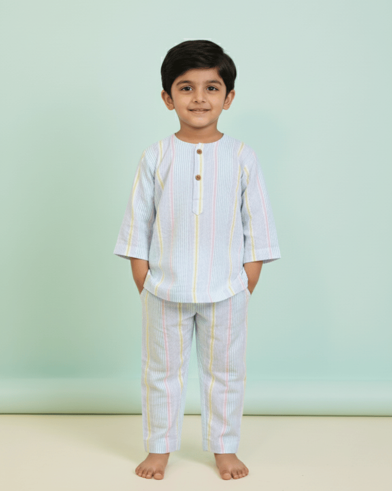 Young boy wearing a light blue traditional outfit with yellow stripes against a light green background