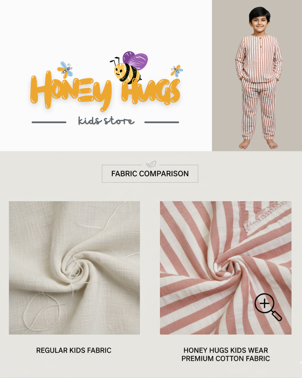 Advertisement for Honey Hugs Kids Store with fabric comparison and child wearing pajamas.