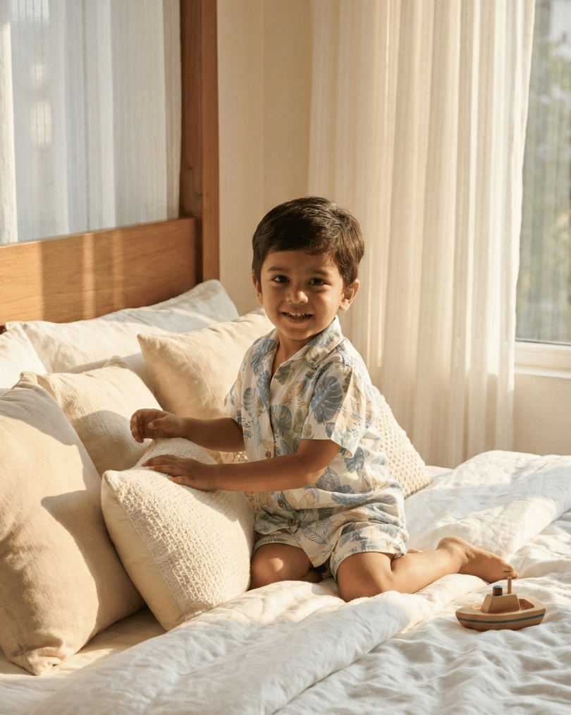Happy young boy wearing tropical leaf-print short pajamas playing on a cozy bed in a sunlit bedroom.
