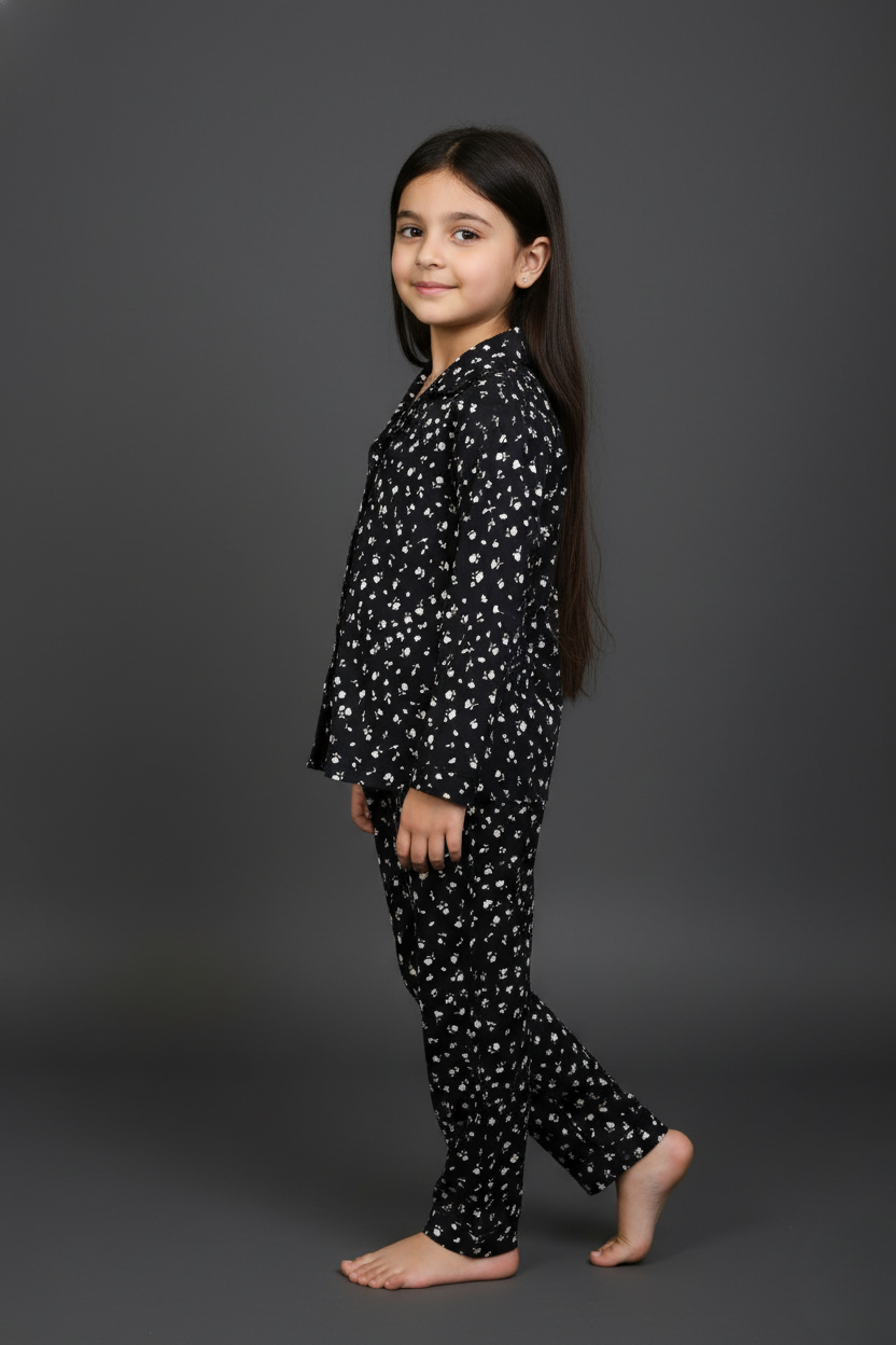 Young girl wearing a black pajama set with white patterns on a gray background