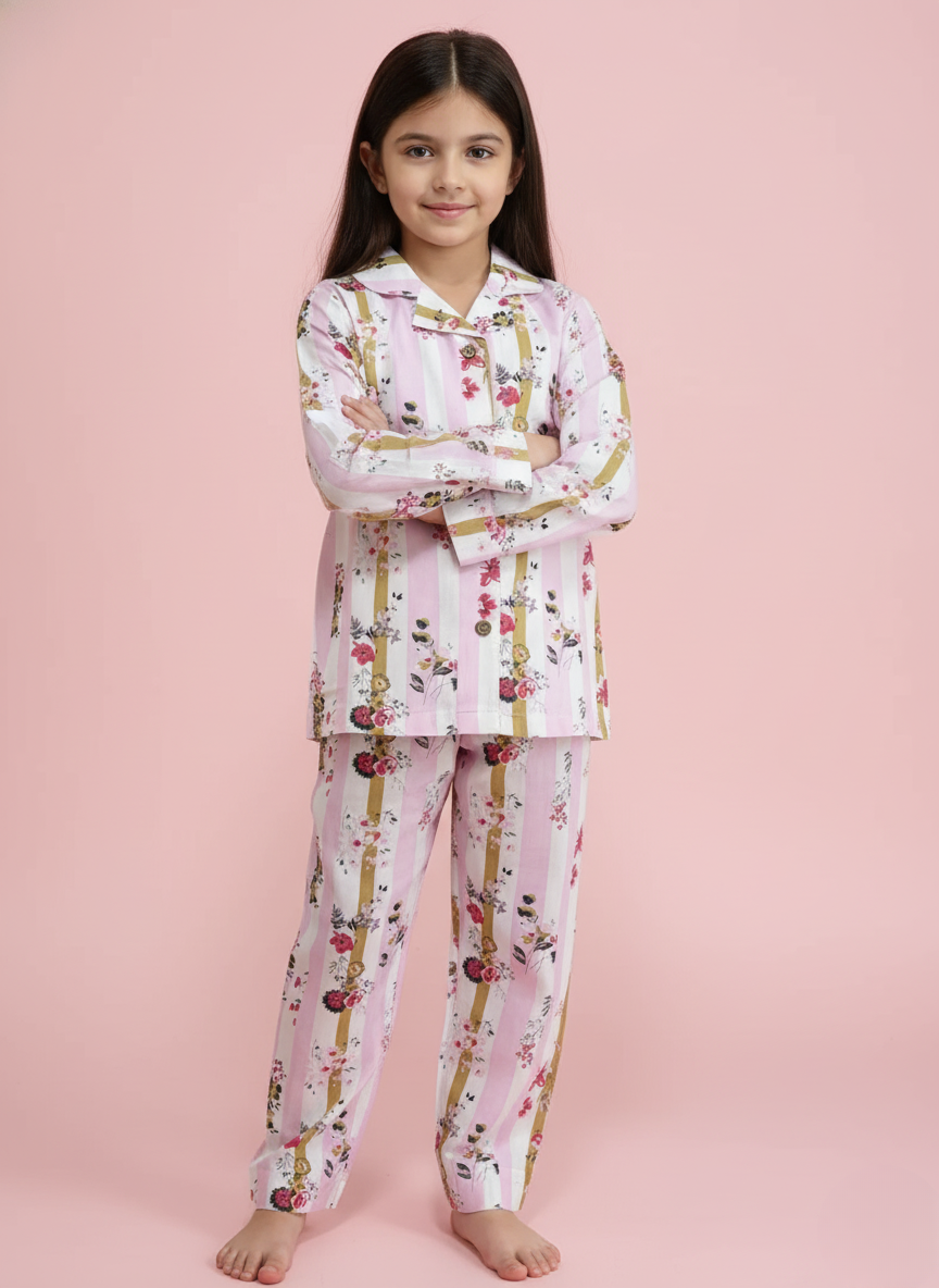 Young girl wearing a floral pajama set on a pink background