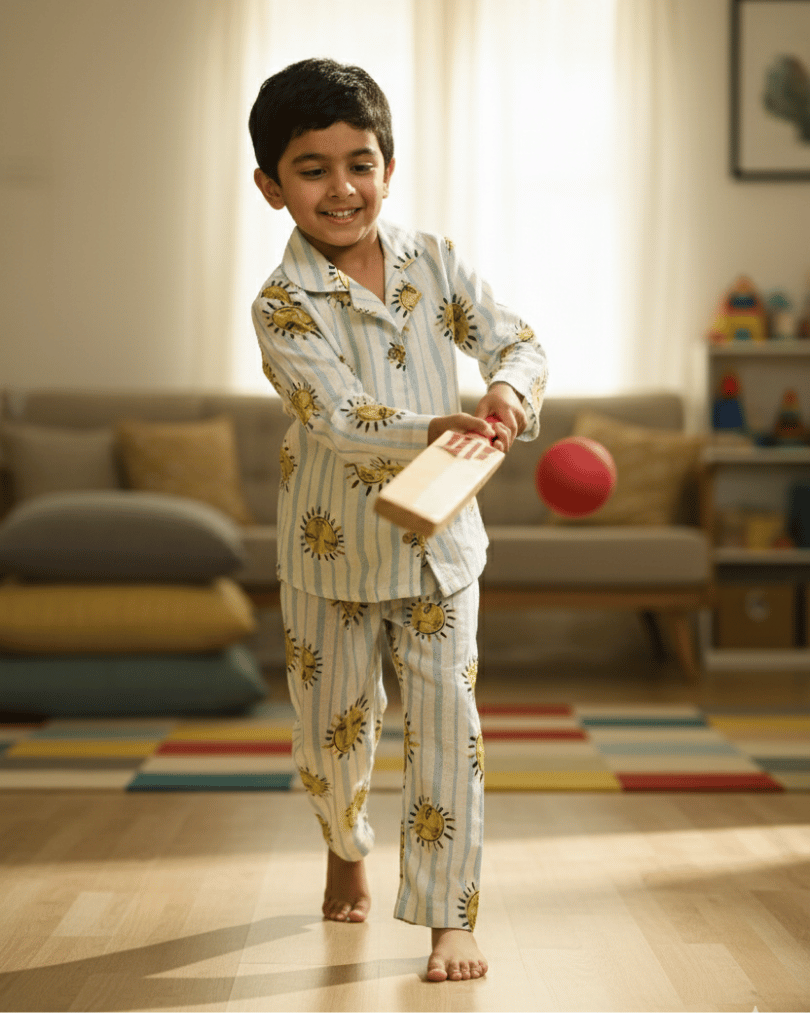 Child in pajamas holding a book in a living room