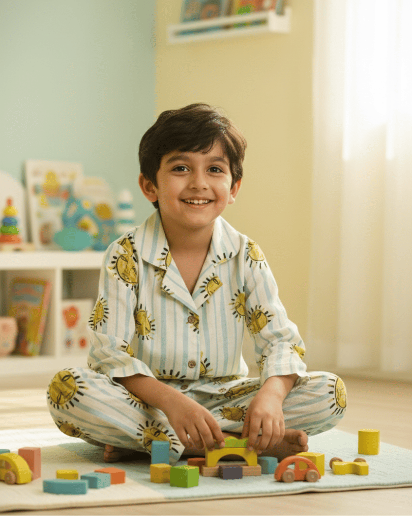 Child playing with colorful building blocks on a mat in a room with books and toys.