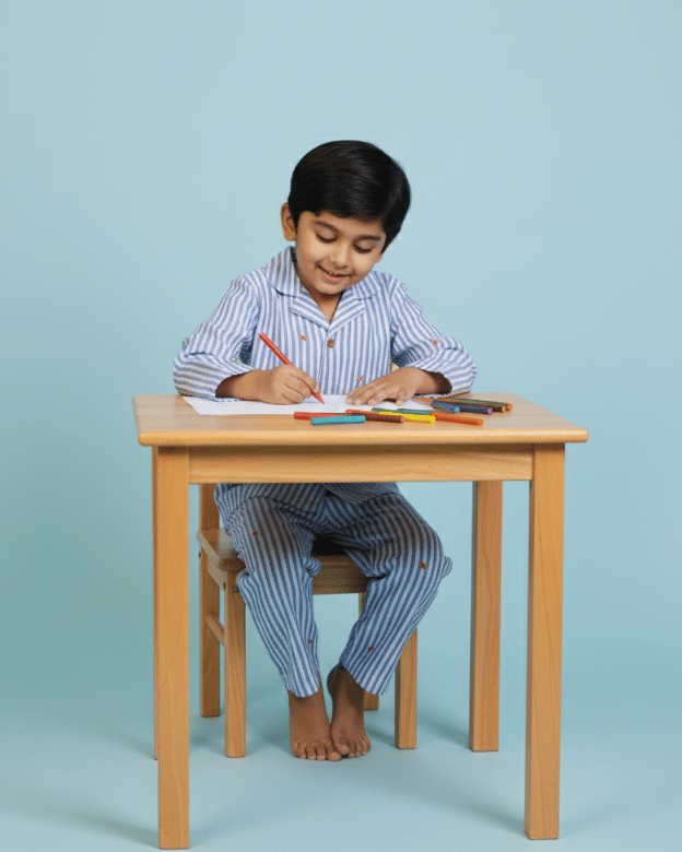 Child sitting at a small wooden table with coloring books and crayons on a light blue background