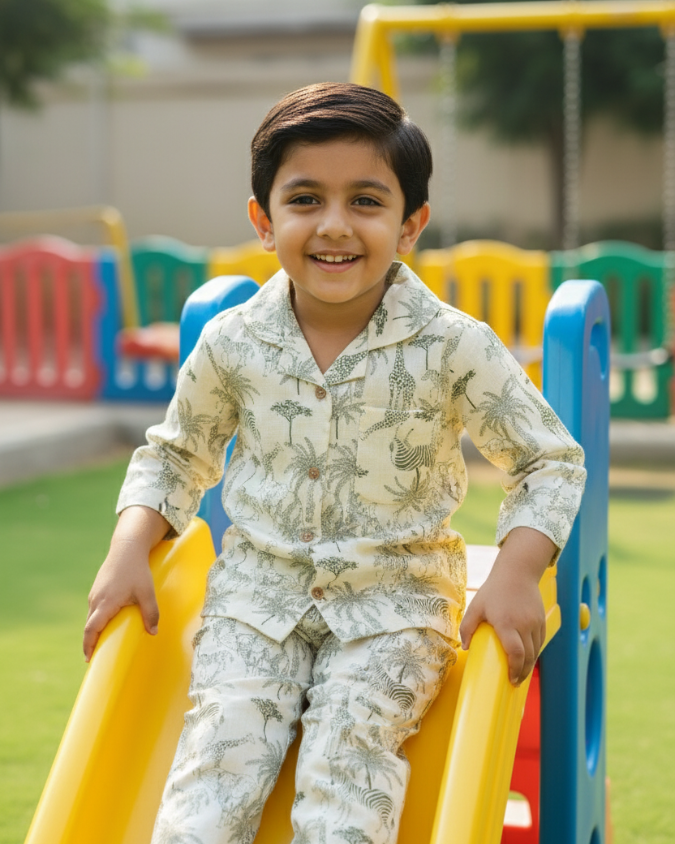 Smiling boy wearing printed cotton pajamas sliding at a playground outdoors.